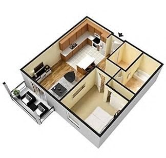 Floor plan for 1 bed, 1 bath, 672 sqft